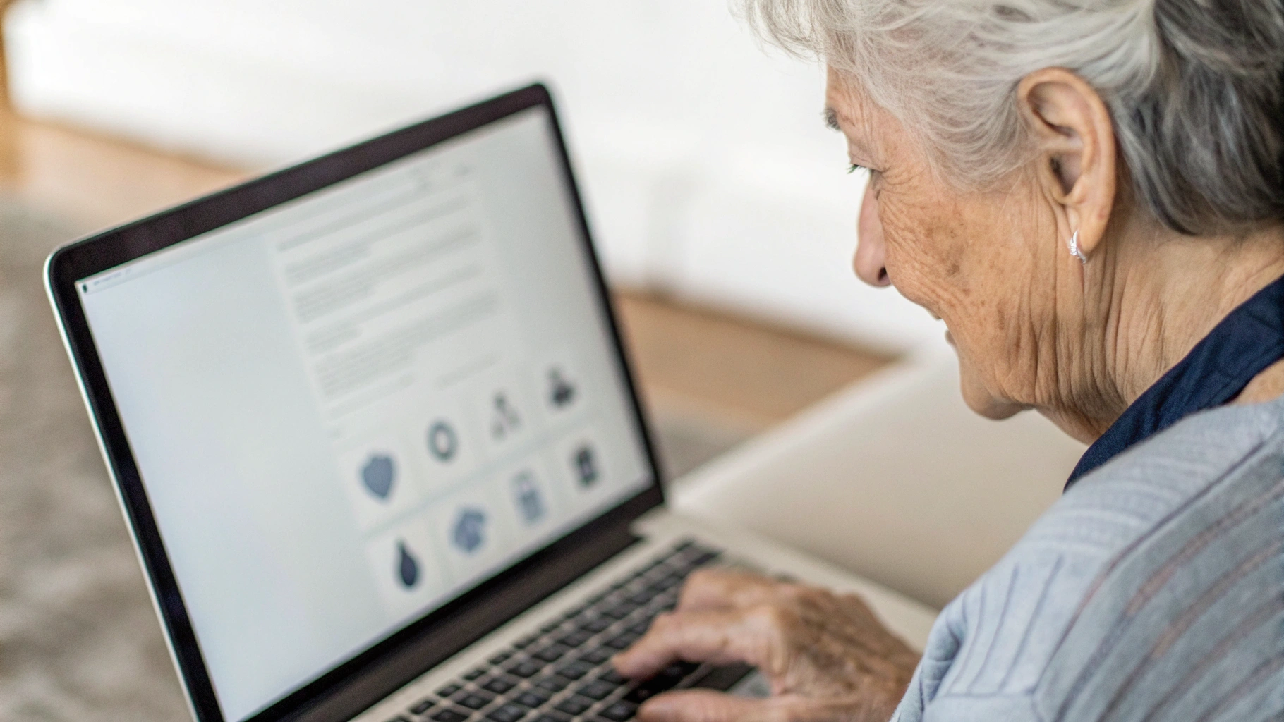 Пожилой человек работает за ноутбуком с крупным текстом и значками на экране