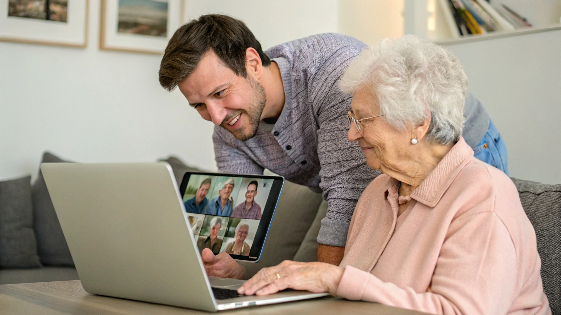 Взрослый сын настраивает ноутбук для пожилых родителей с крупными значками и приложением для видеозвонков