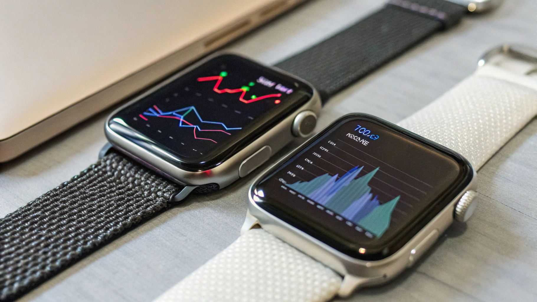 Две современные модели умных часов на столе, на экранах графики сна и стресса