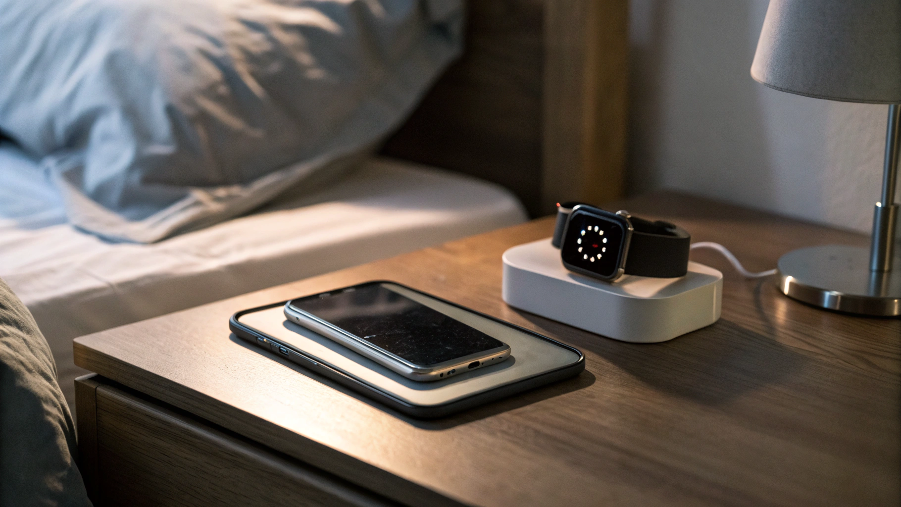 Человек заряжает умные часы на тумбочке рядом со смартфоном перед сном