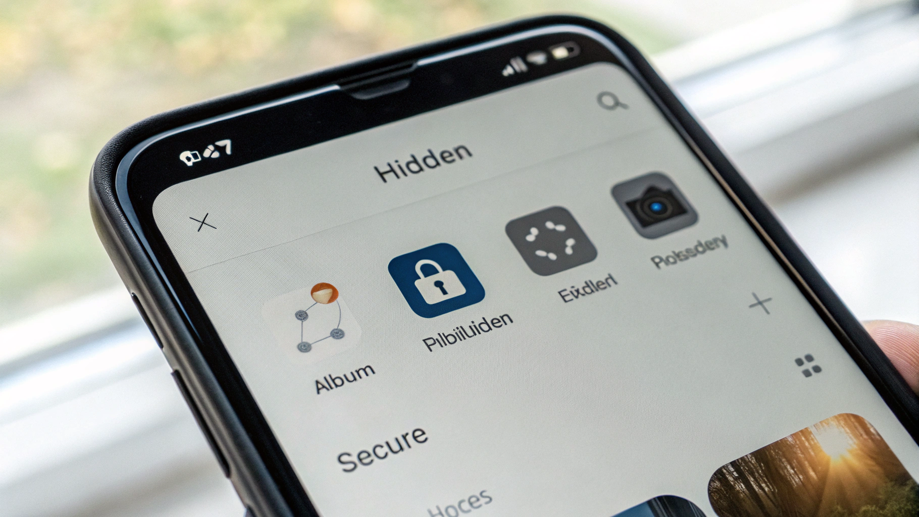 Экран смартфона с открытой галереей и значками скрытого альбома и безопасной папки