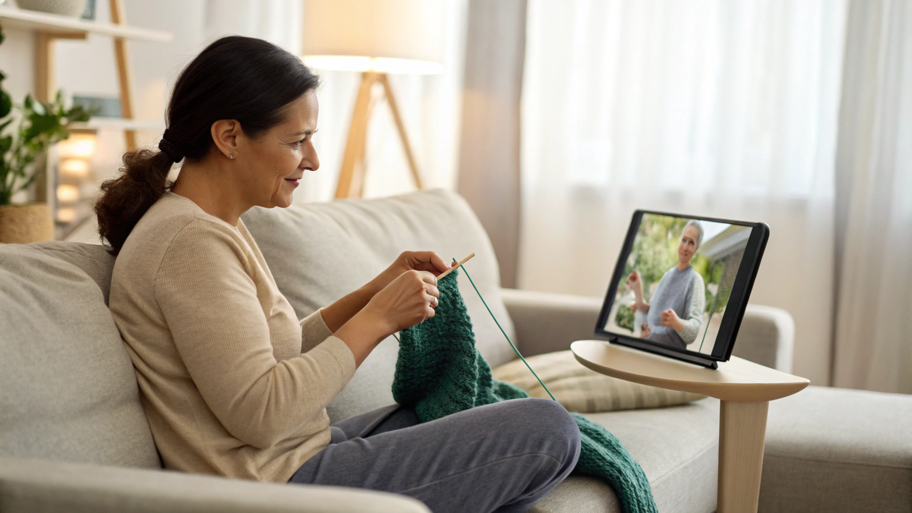 Женщина вяжет на диване, рядом стоит планшет с открытой схемой и видеоуроком