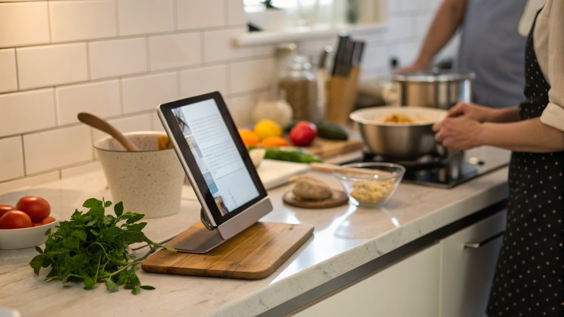 Планшет на кухонной подставке с открытым рецептом во время готовки