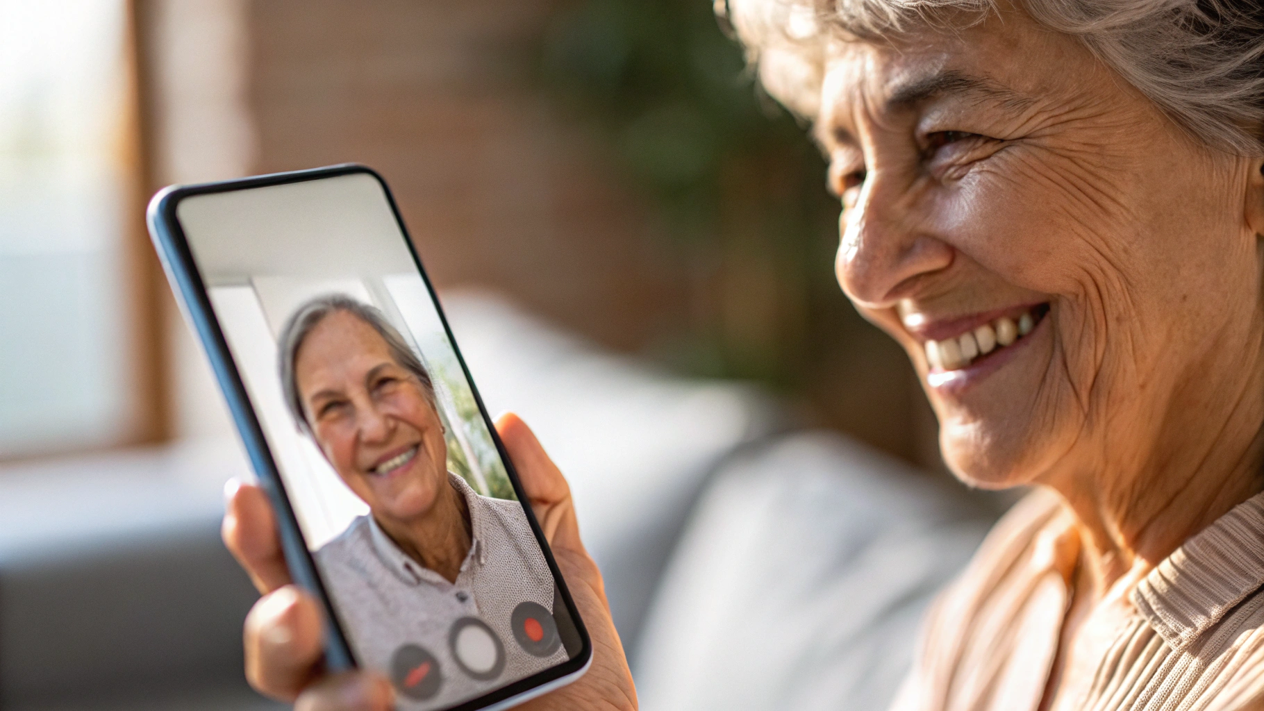 Пожилой человек держит в руке смартфон с понятным интерфейсом видеозвонка