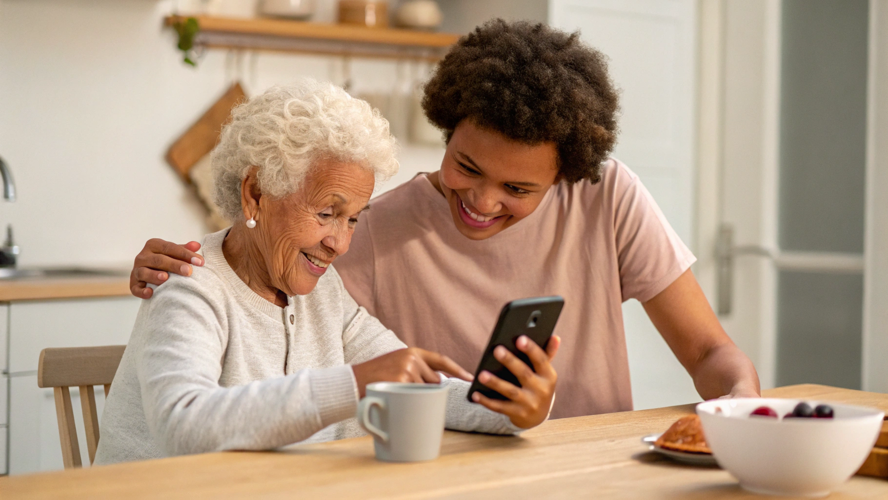 Взрослый ребёнок помогает пожилому родителю настроить смартфон для видеозвонков