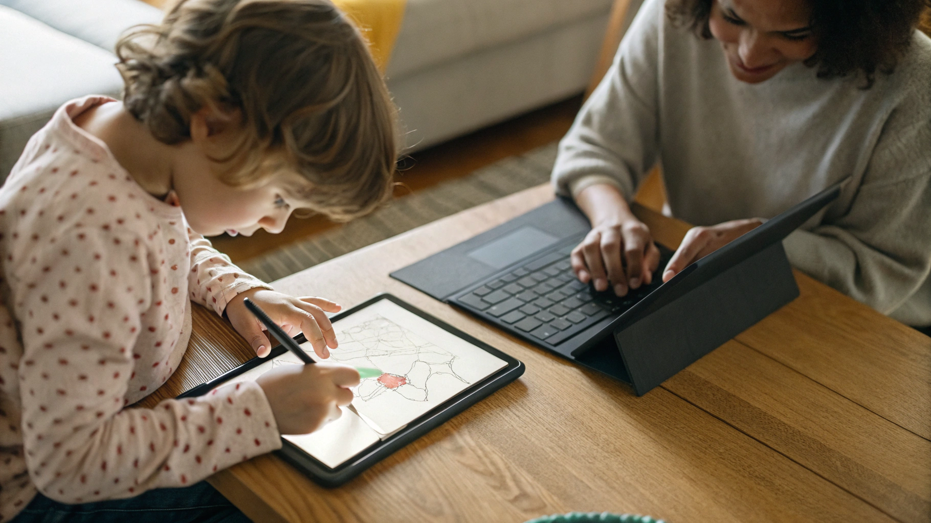 Ребёнок рисует стилусом на планшете, рядом родитель работает с клавиатурным чехлом