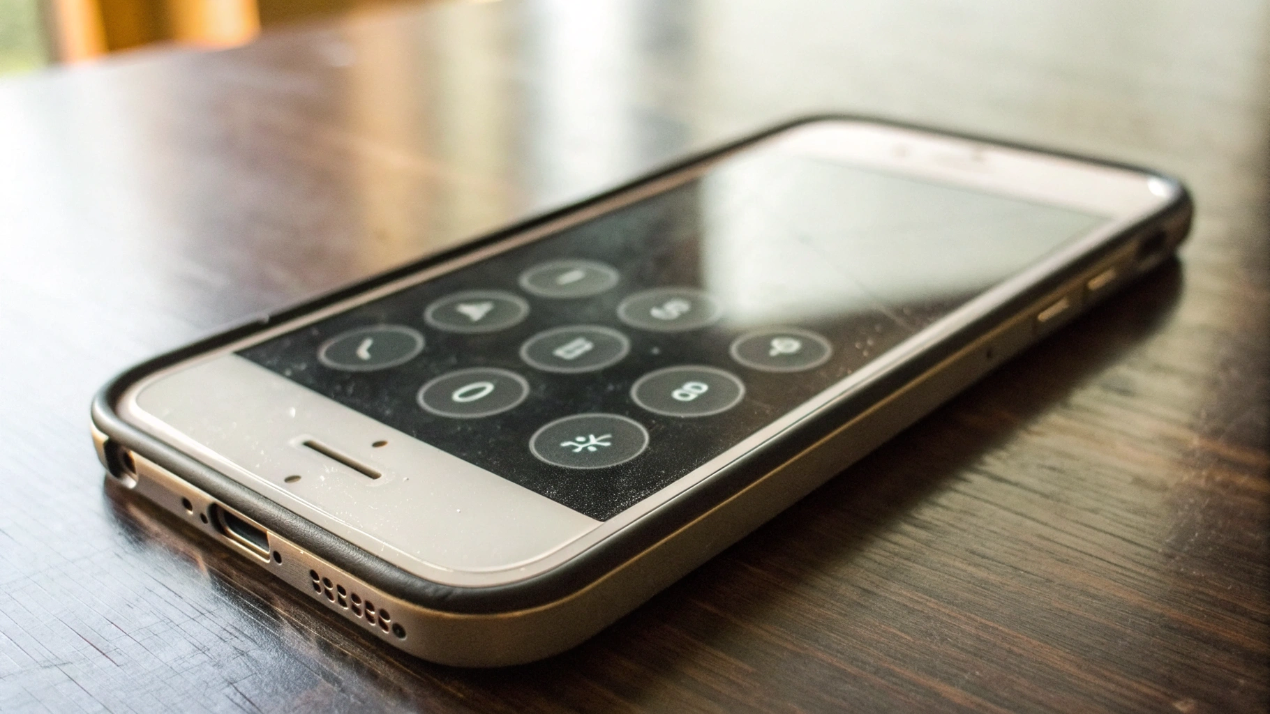 Старый Android-смартфон на столе с упрощённым главным экраном и крупными кнопками вызова для близких