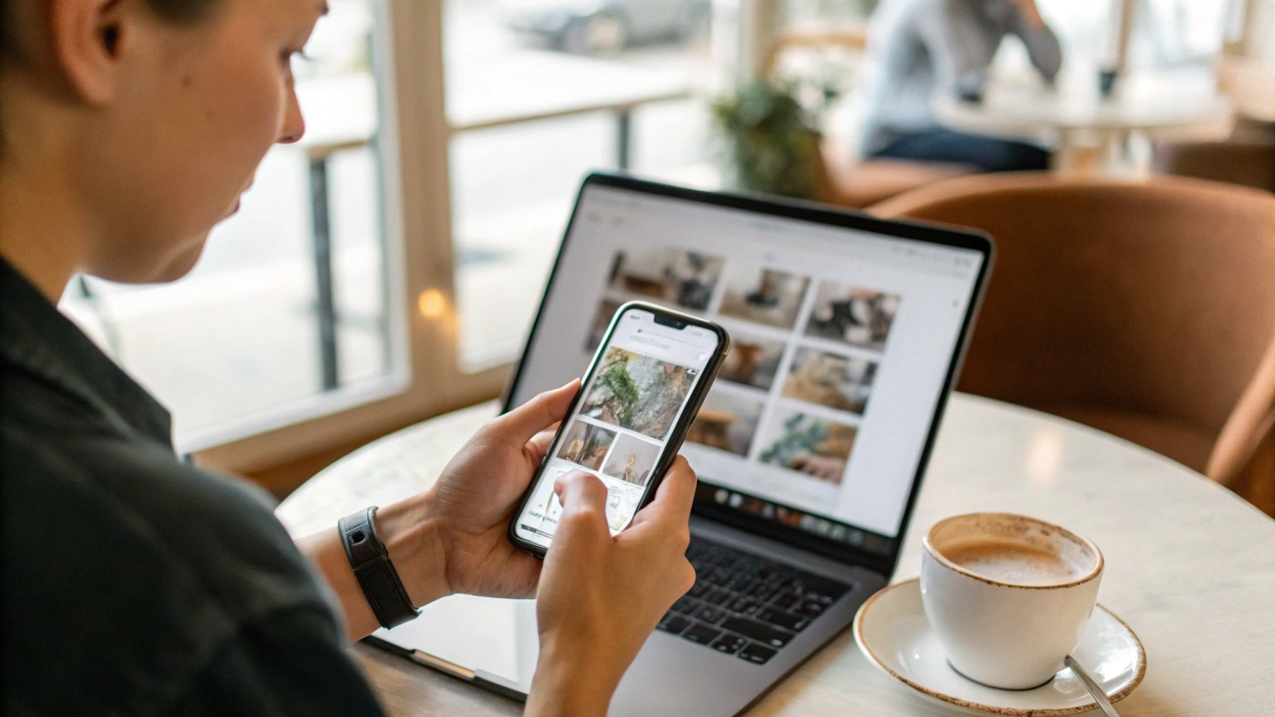 Человек в кафе выбирает Android‑смартфон до 35 000 ₽ на экране другого телефона