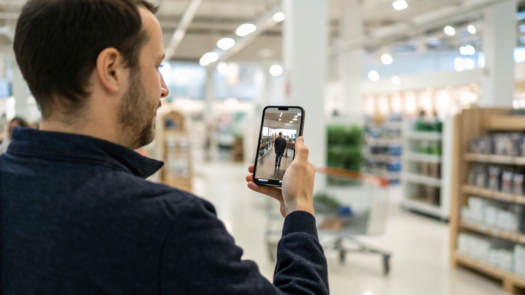 Покупатель в магазине тестирует камеру и стабилизацию смартфона в помещении