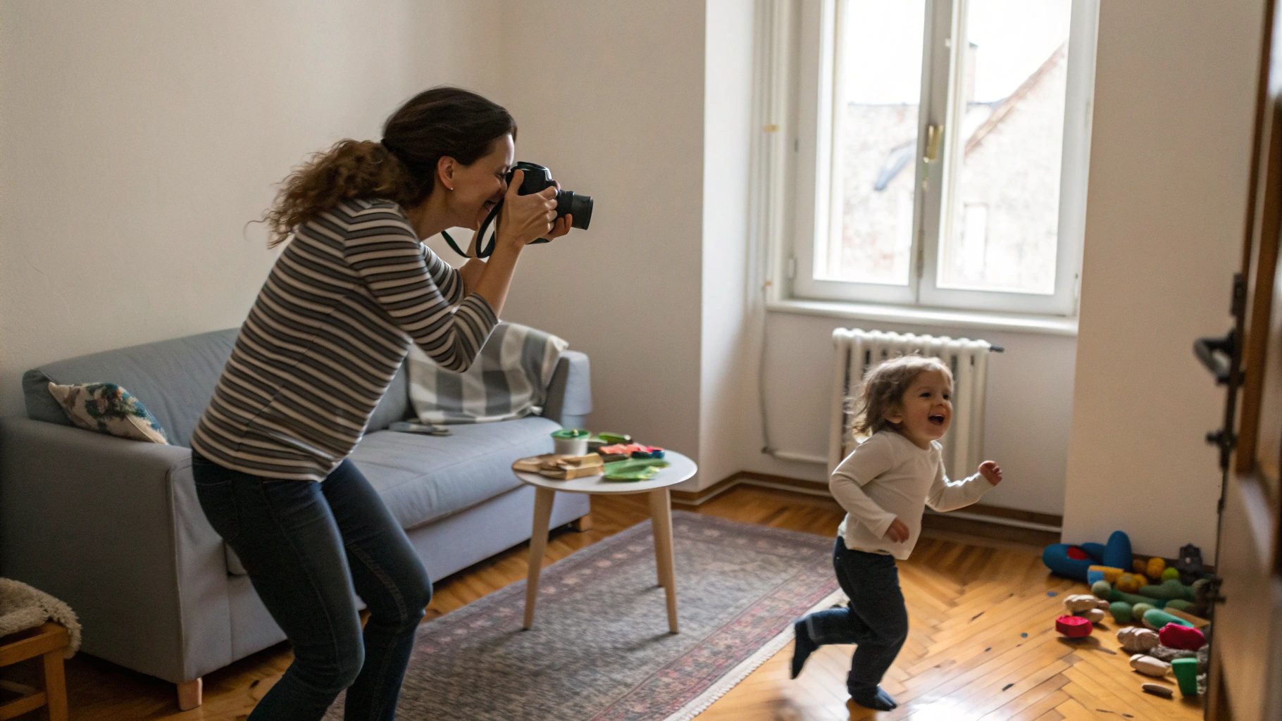 Мама делает серийные фото бегущего ребёнка в комнате квартиры