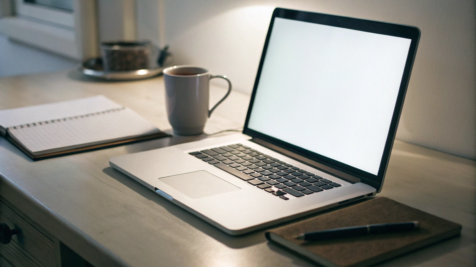 Ноутбук с ярким экраном на рабочем столе рядом с блокнотом и чашкой кофе