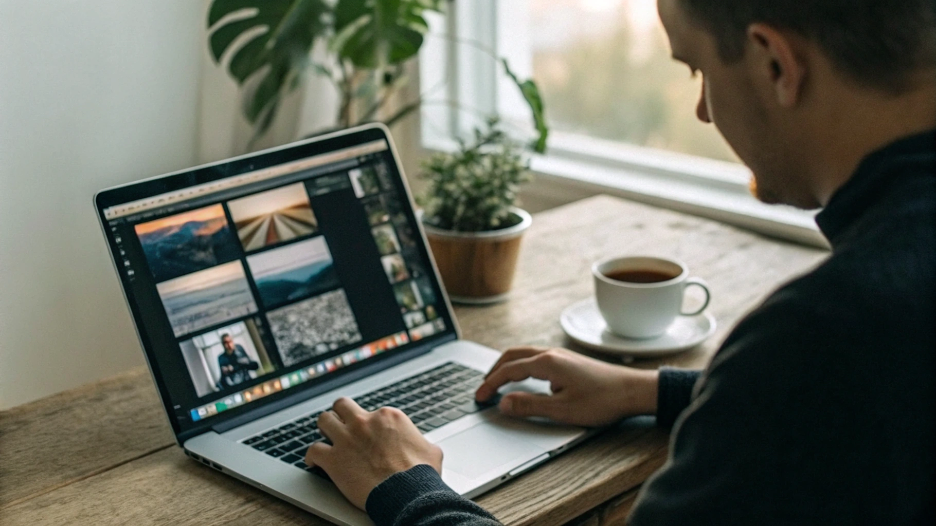 Фрилансер работает за ноутбуком с открытыми приложениями для фото и видеомонтажа