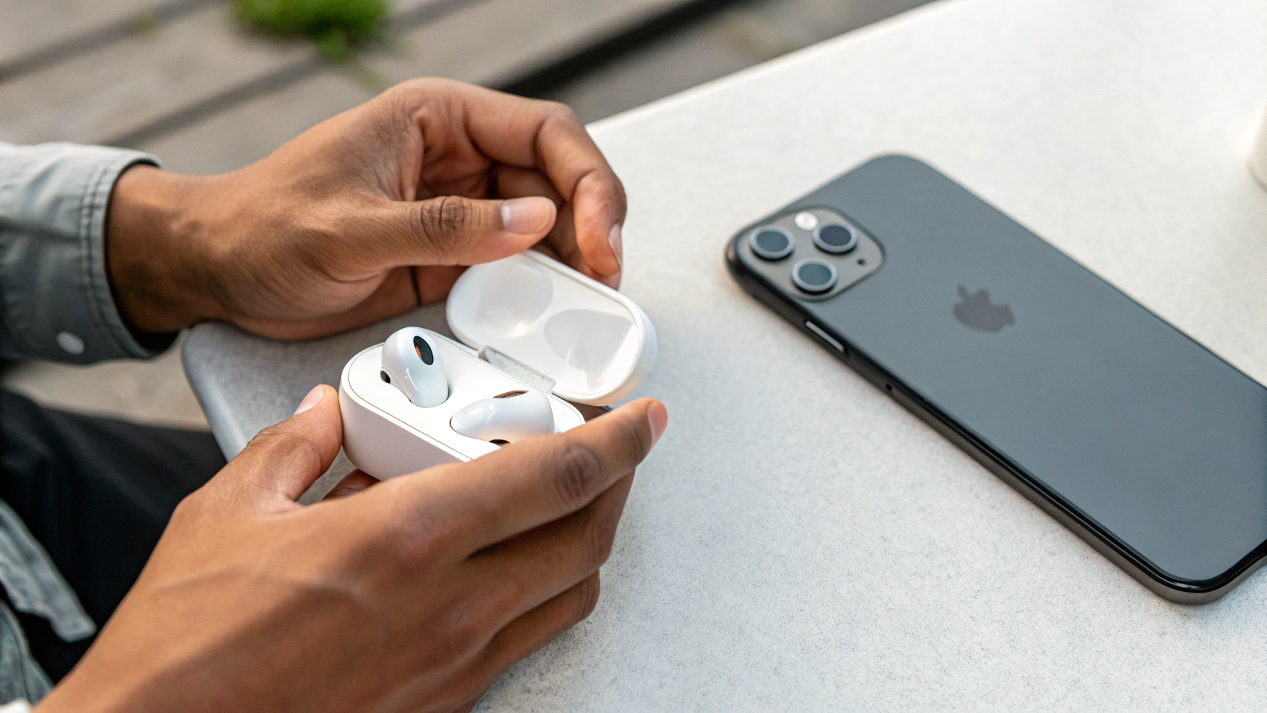 Пользователь настраивает TWS‑наушники рядом с iPhone и смартфоном Samsung