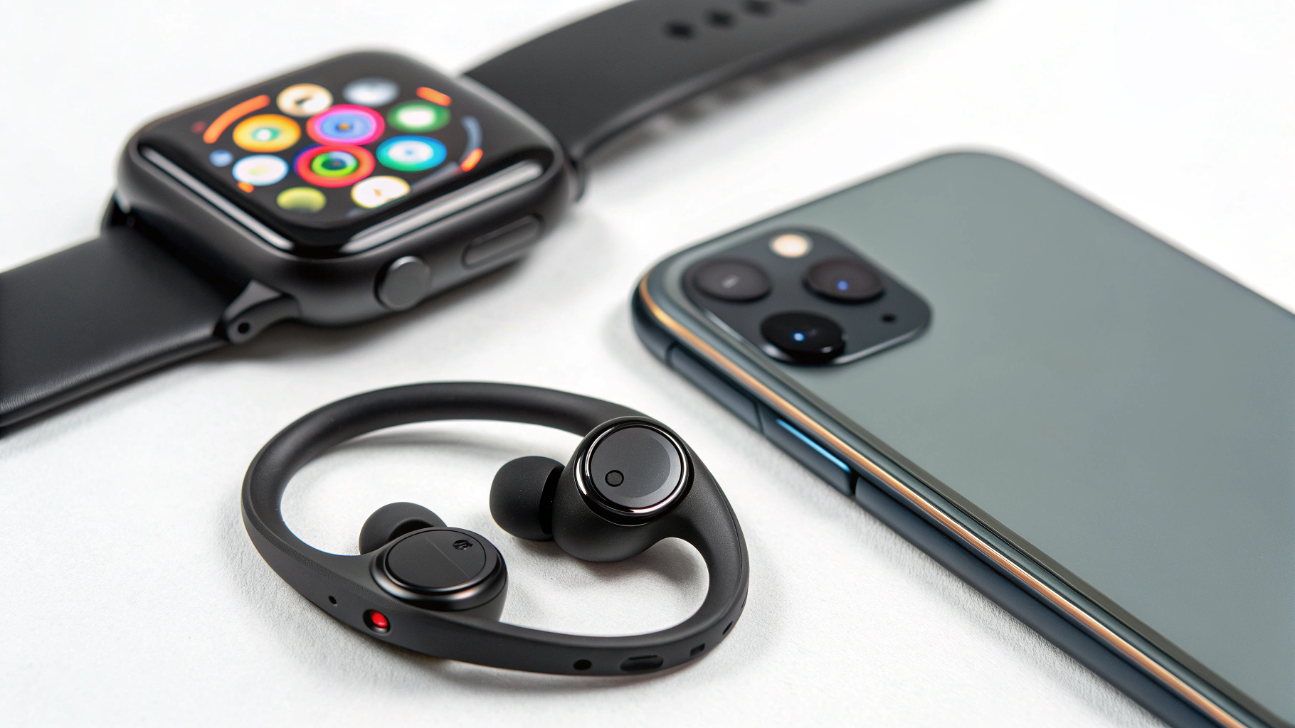 Спортивные TWS‑наушники с дужками рядом с умными часами и смартфоном