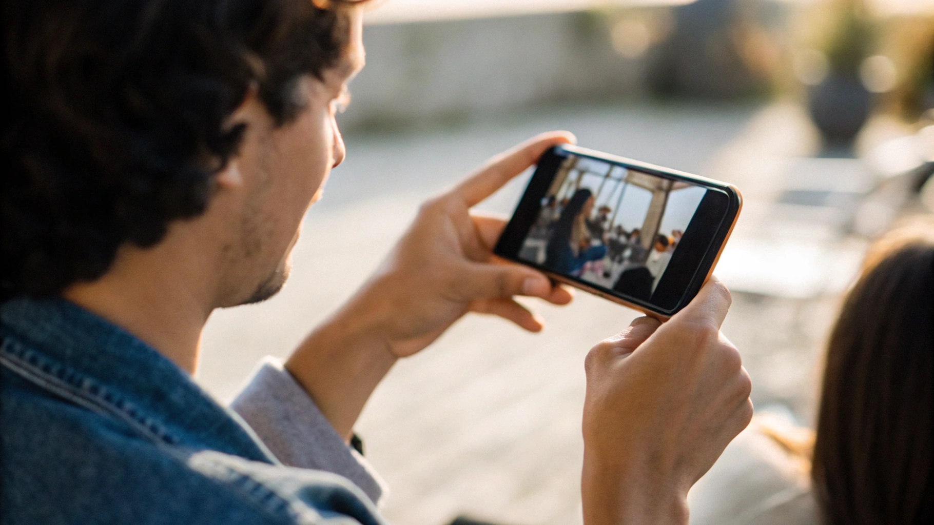 Пользователь смотрит видео на смартфоне среднего размера