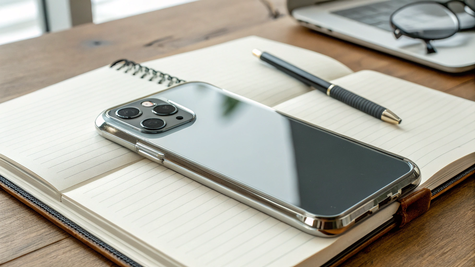 Крупный смартфон с камерным блоком и стилусом на рабочем столе