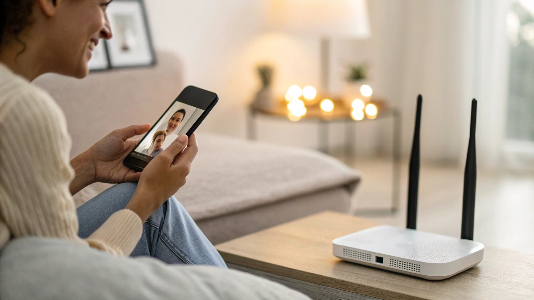 Пользователь дома отвечает на VoIP‑звонок на смартфоне рядом с роутером