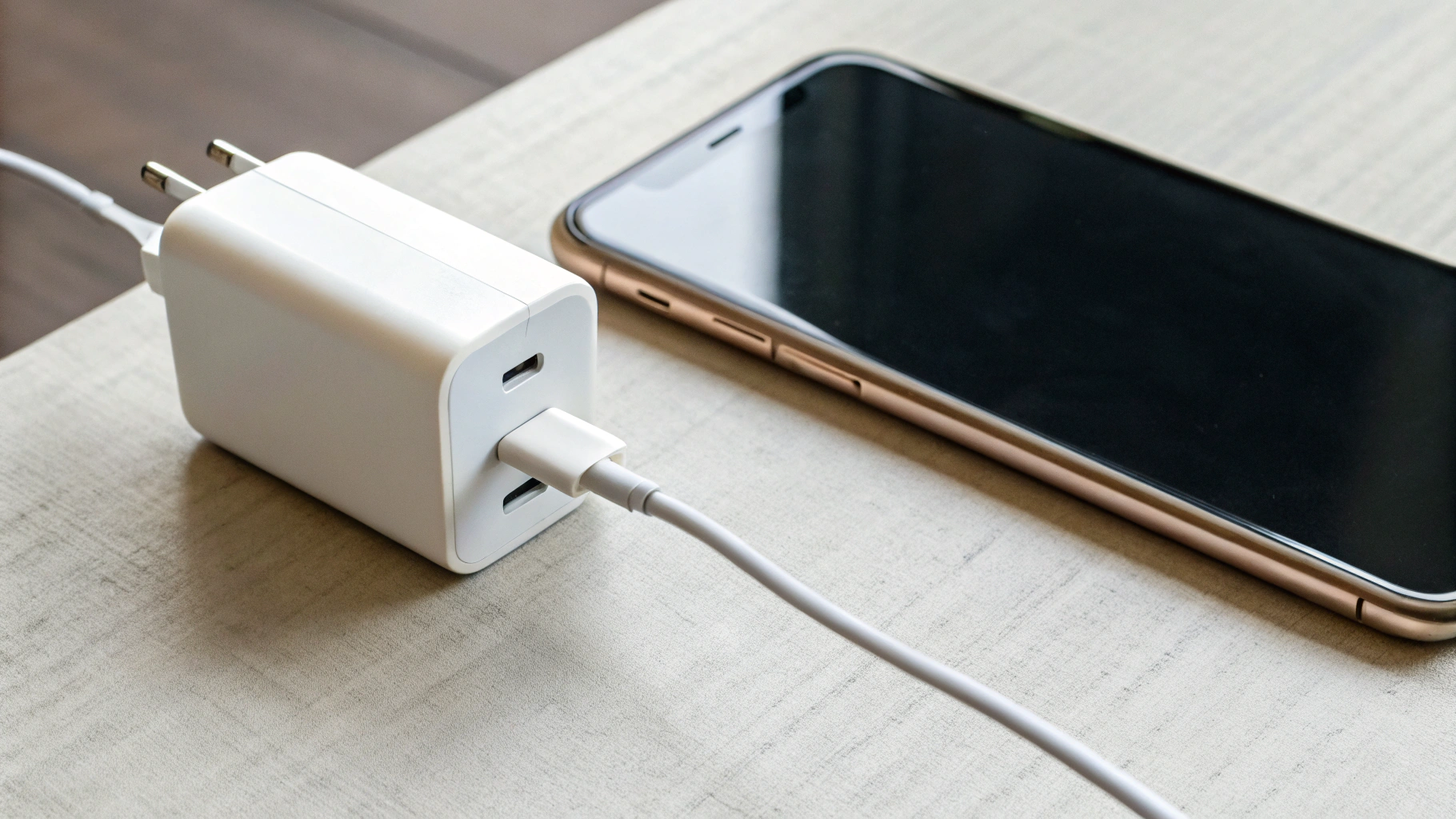 GaN USB‑C PD зарядка рядом с iPhone, видна маркировка мощности в ваттах