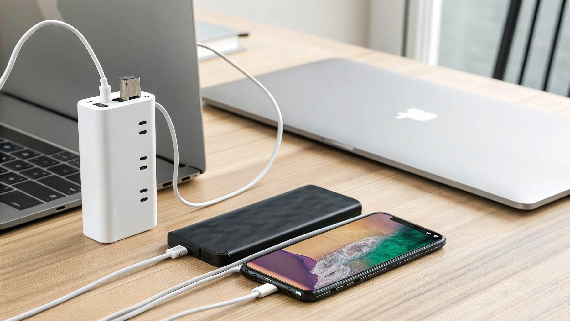 Многопортовая GaN USB‑C зарядка, одновременно заряжающая MacBook и два смартфона