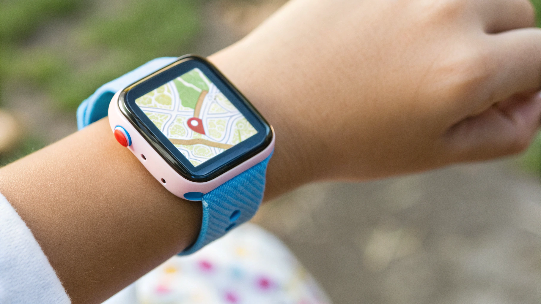Крупный план детских смарт‑часов с GPS и заметной SOS‑кнопкой на запястье школьника