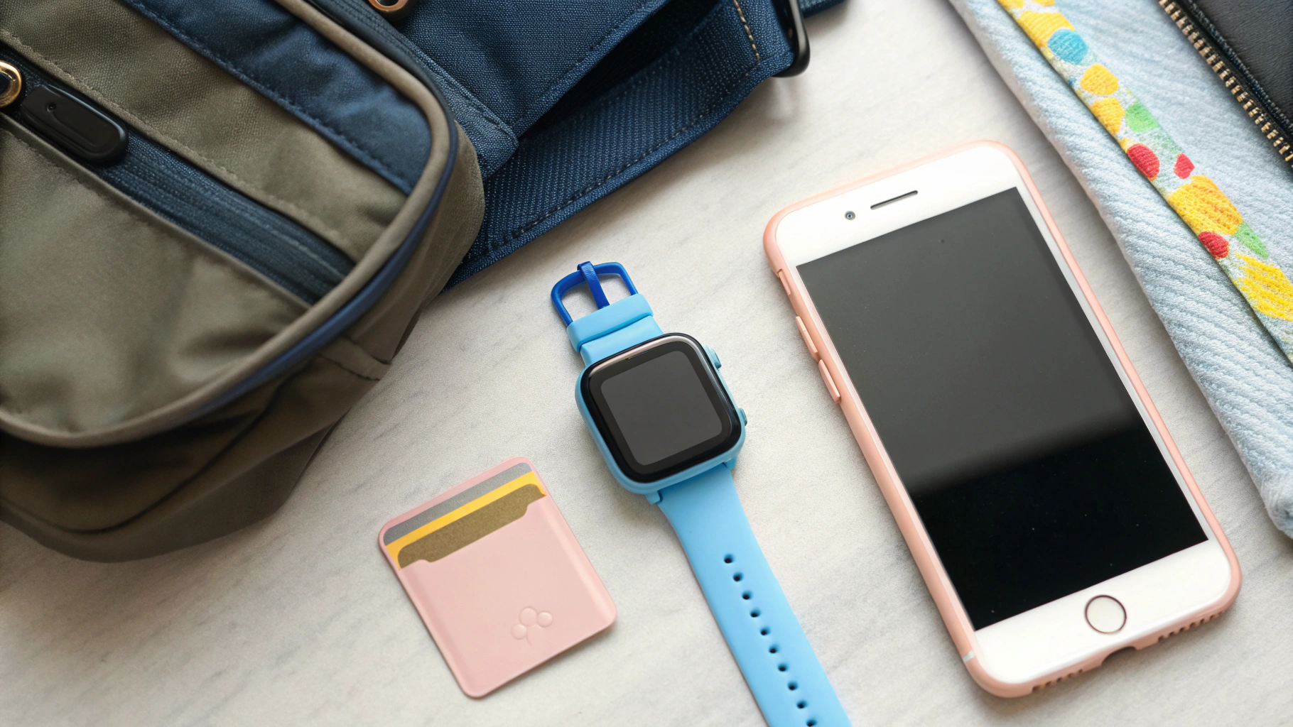 Детские часы с GPS рядом с SIM‑картой и смартфоном с открытым родительским приложением