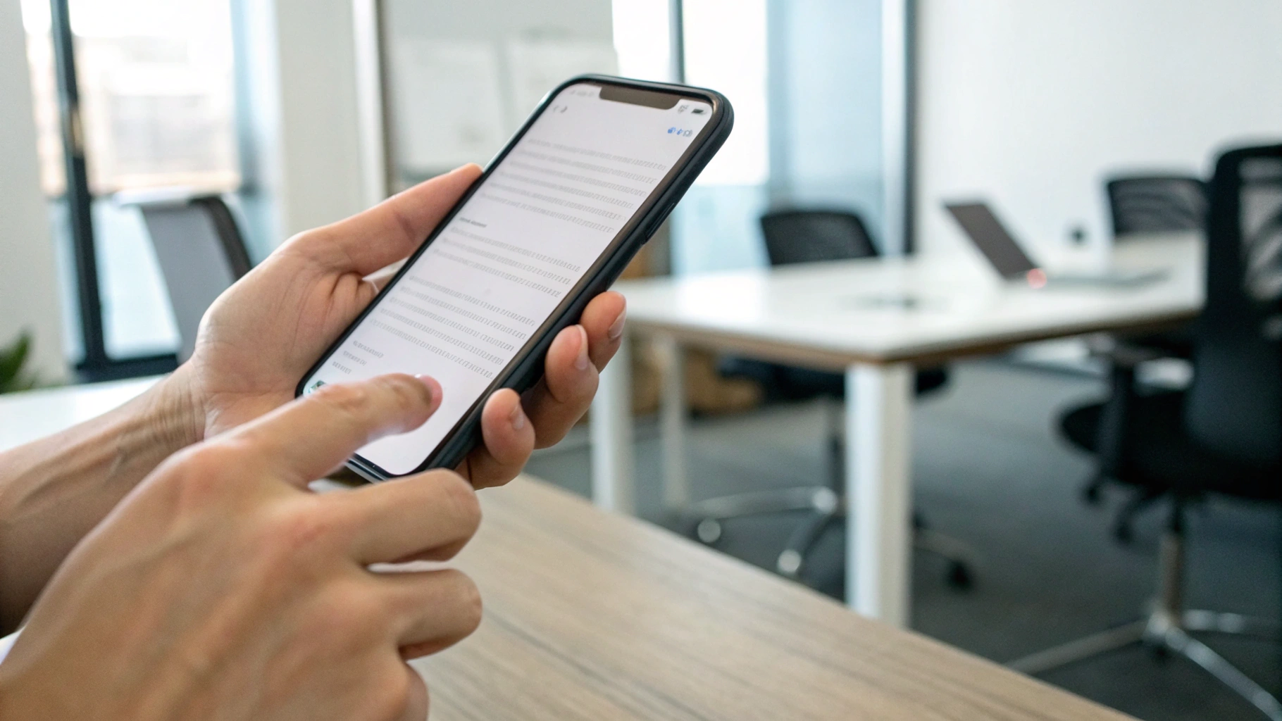 Просмотр длинного PDF‑документа на большом экране iPhone в офисе