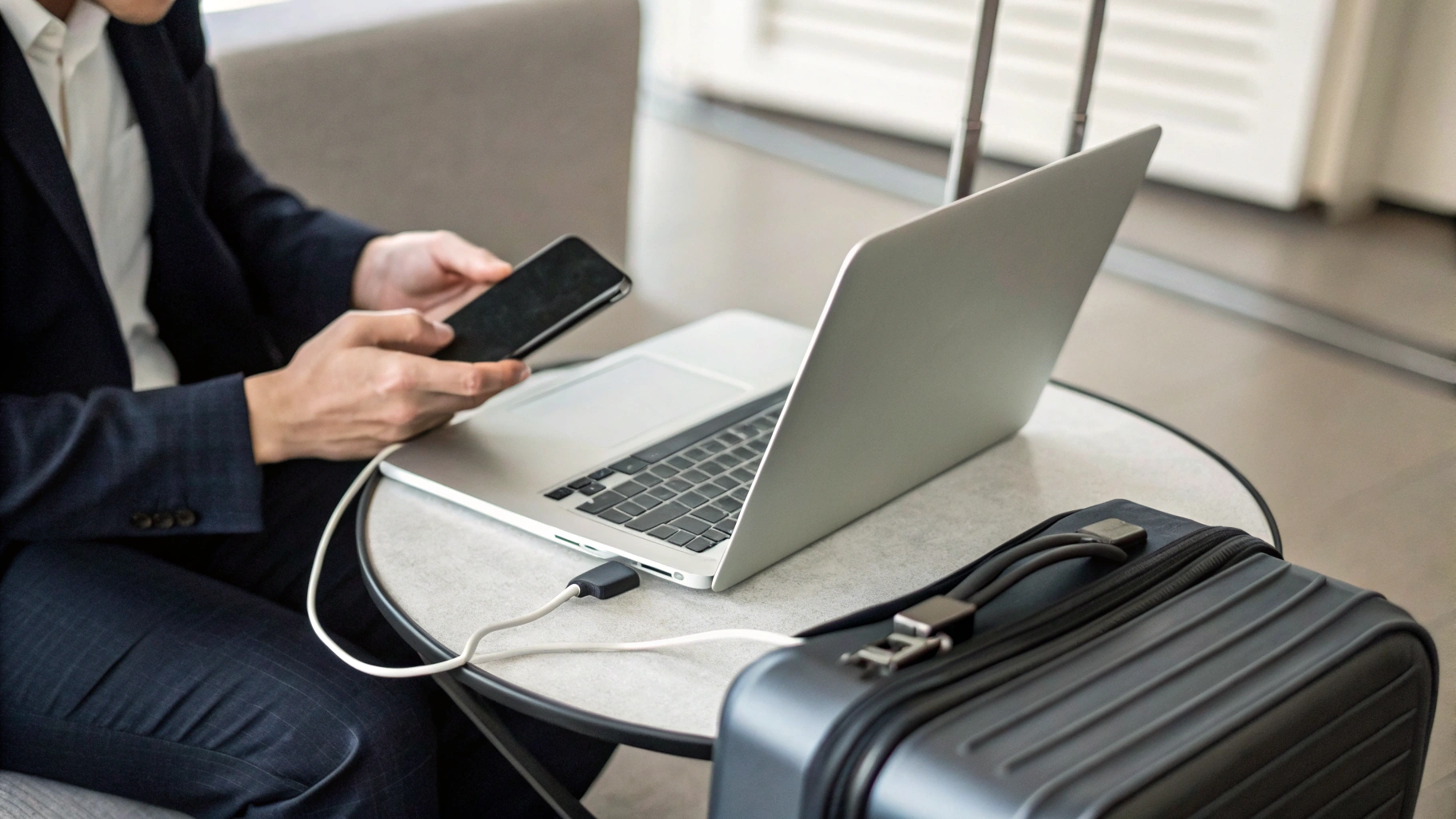 Подключенный по USB‑C iPhone к ноутбуку и внешнему накопителю для передачи рабочих документов