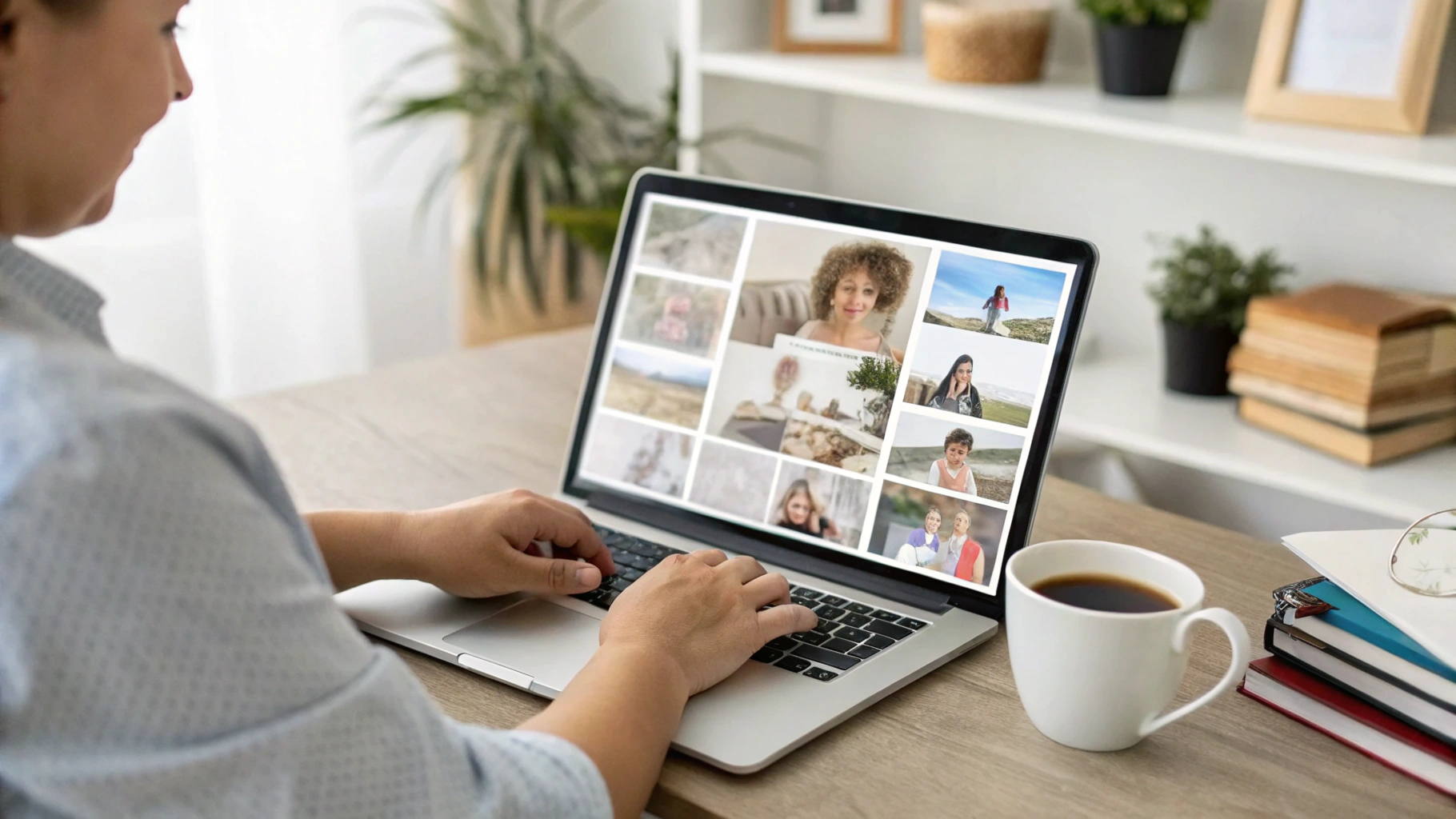 Пользователь сортирует семейные фото в облачном хранилище на ноутбуке