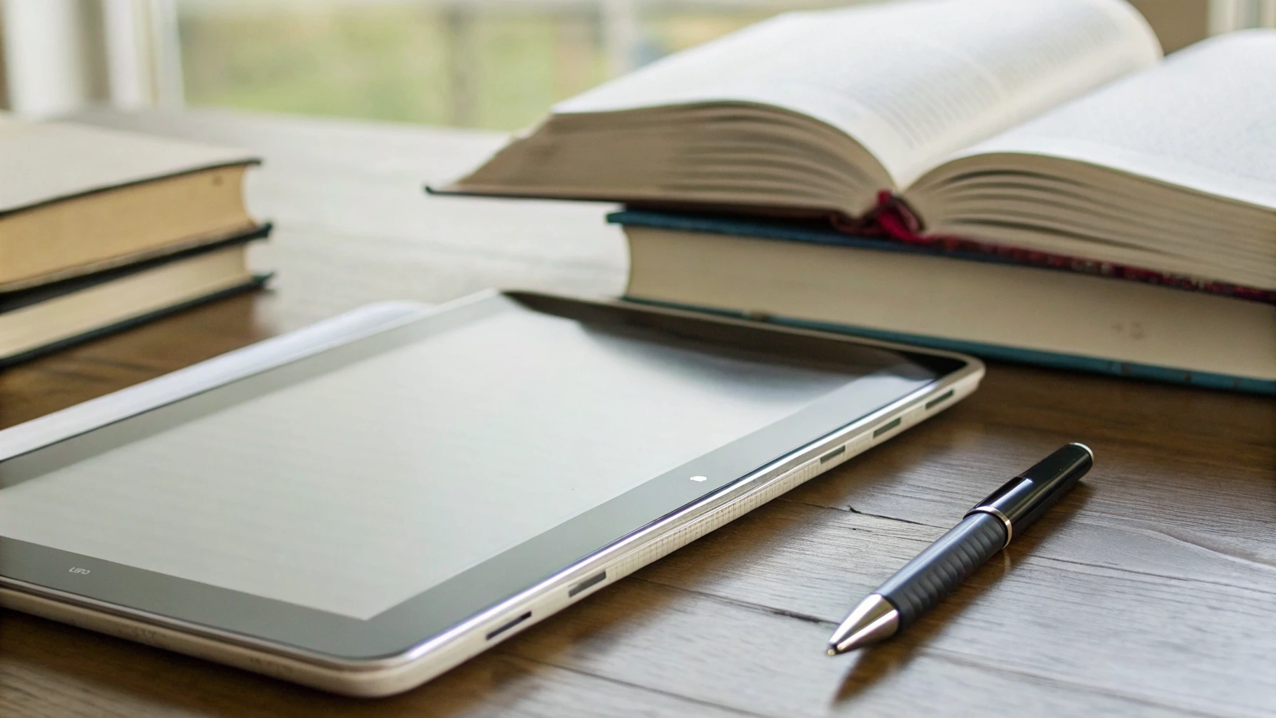 Недорогой планшет на столе рядом с учебниками и ручкой