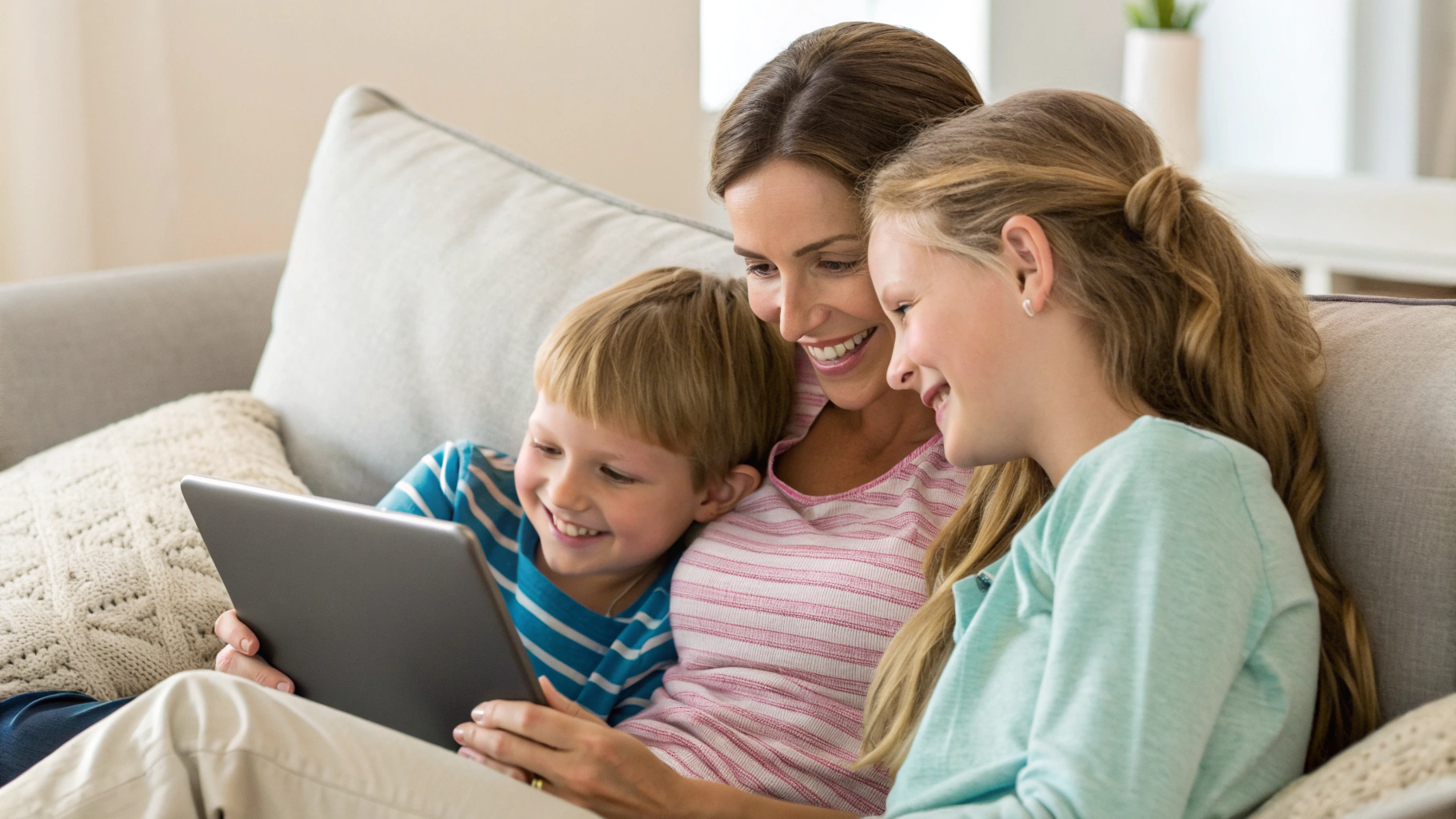 Семья на диване смотрит видео на общем домашнем планшете