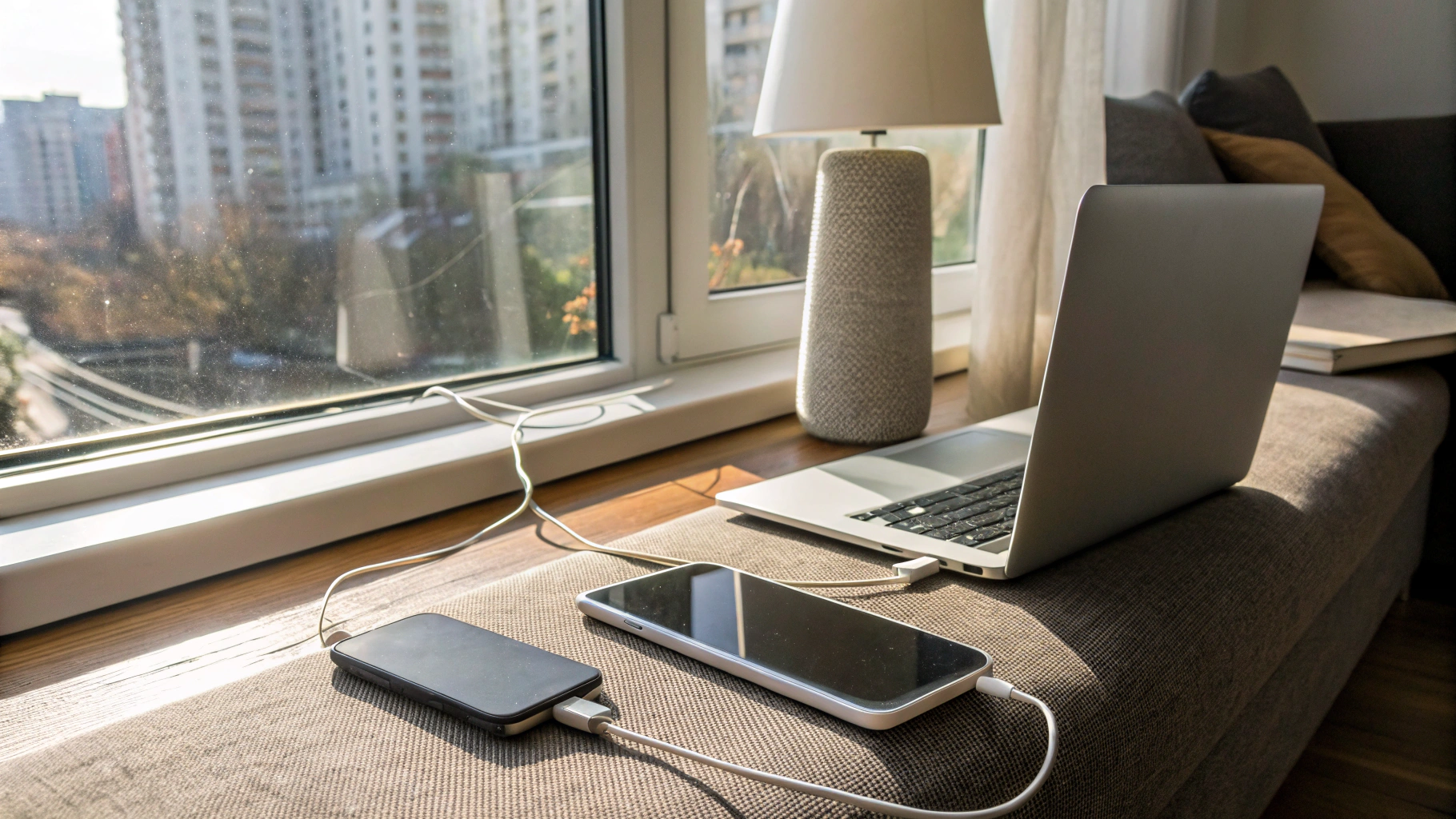 Смартфон у окна в роли мобильного роутера для устройств в квартире