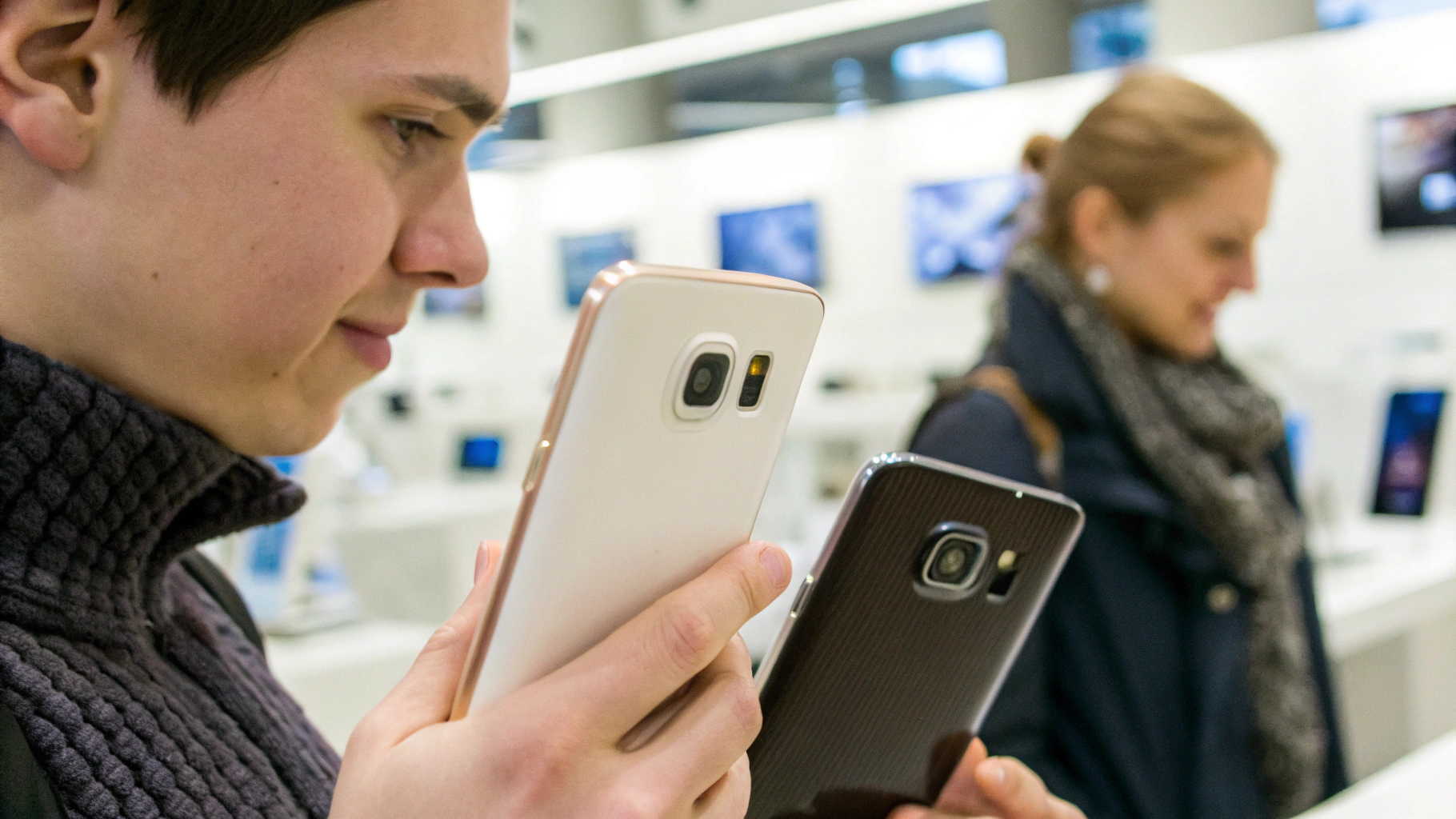 Покупатель сравнивает камеры двух смартфонов Samsung Galaxy в магазине