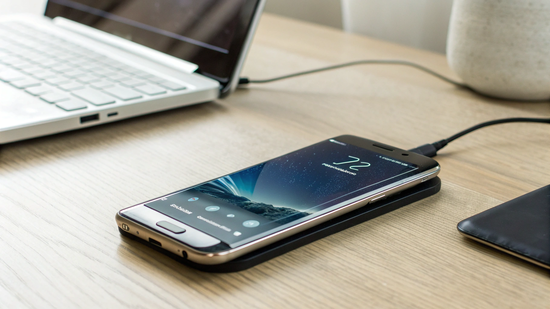 Смартфон Samsung с открытыми настройками экрана и батареи на столе