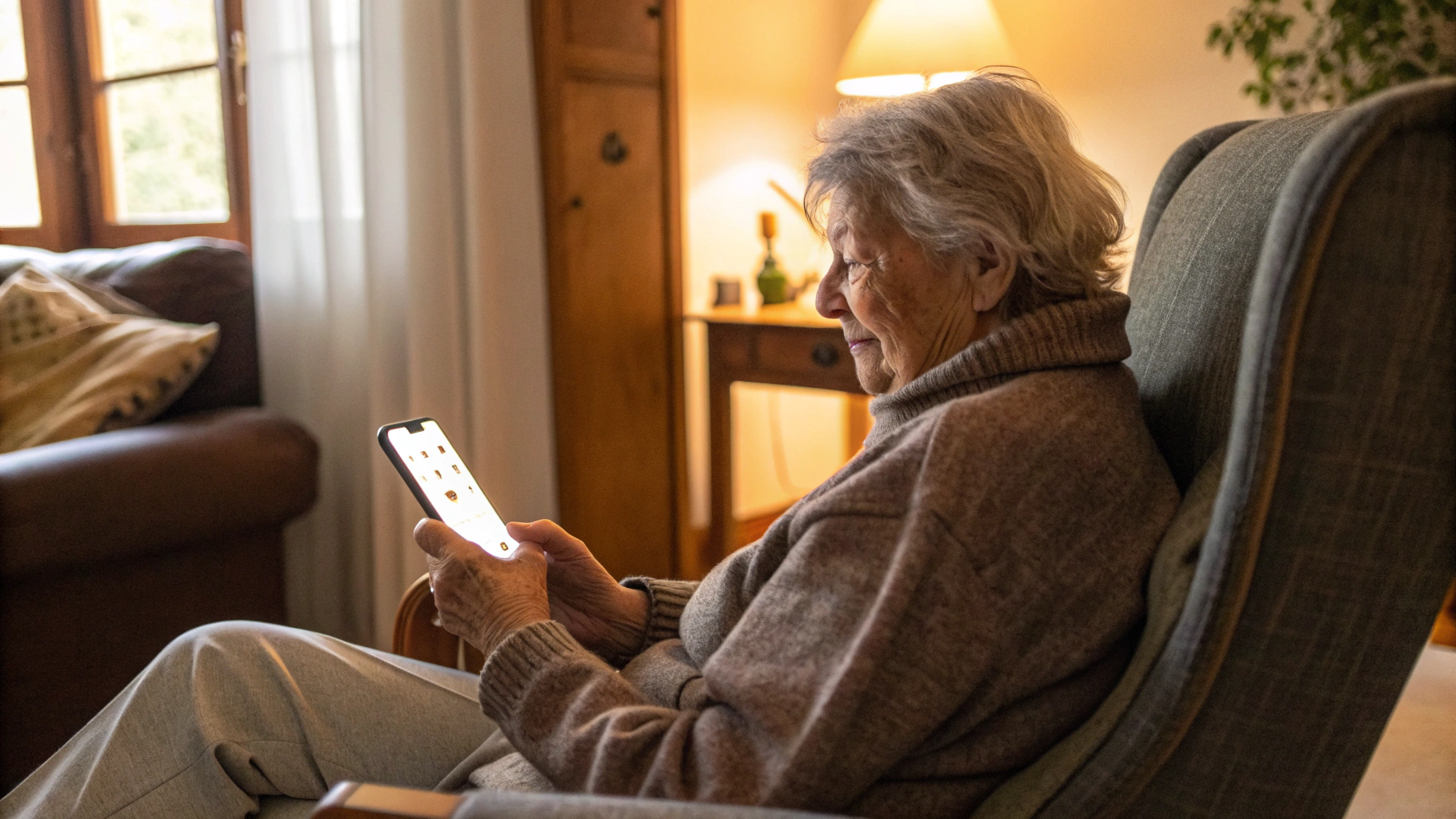 Пожилой человек держит Android‑телефон с простым интерфейсом и крупными кнопками