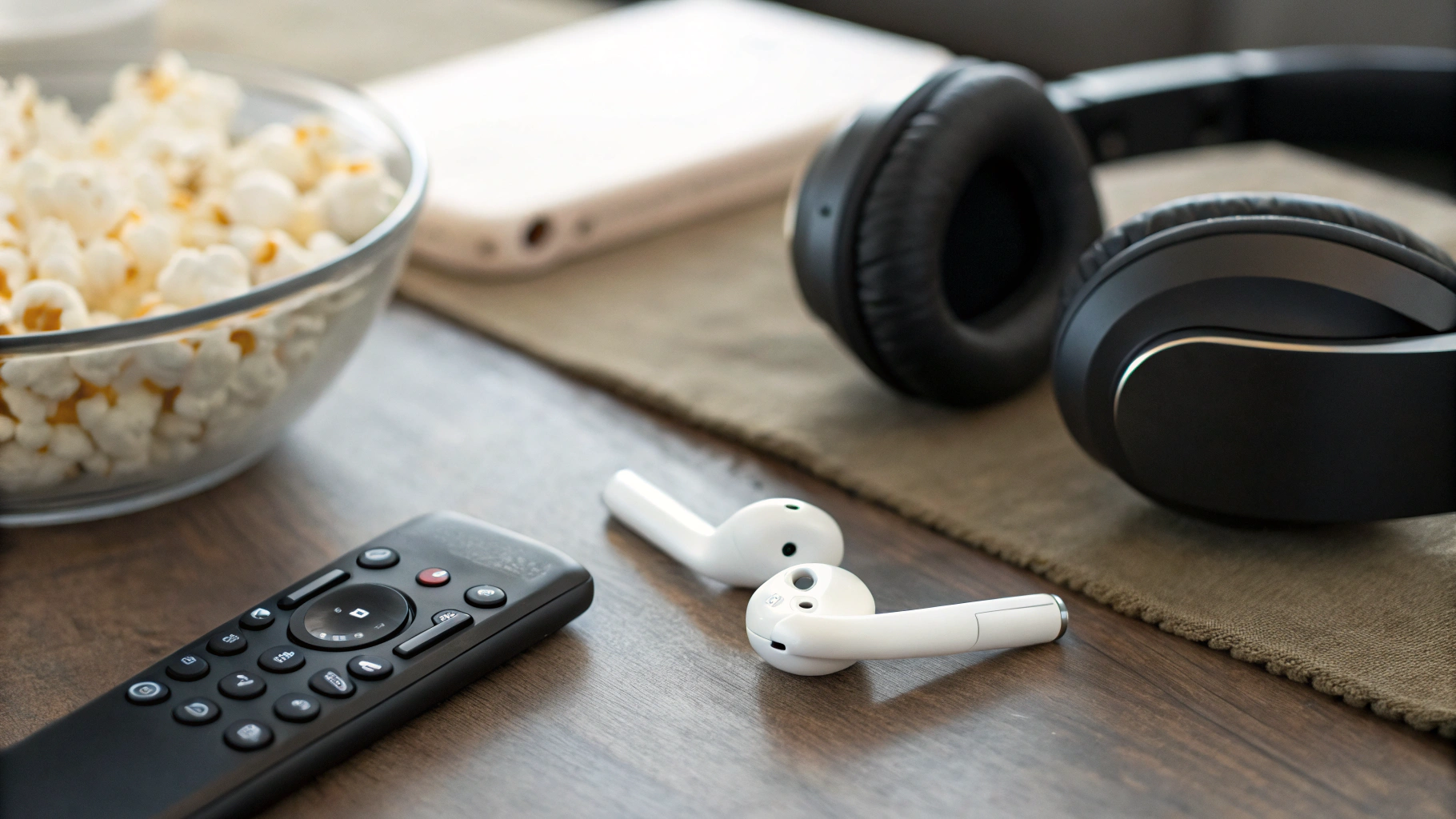 Беспроводные наушники разных типов на журнальном столике рядом с пультом и попкорном