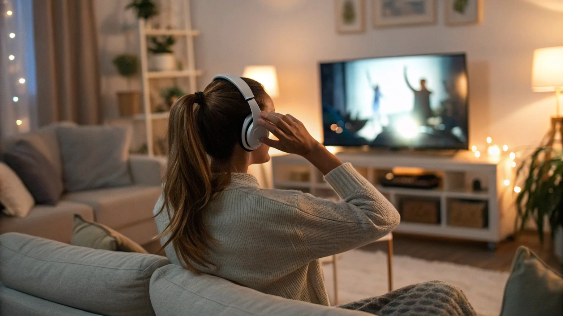 Девушка поправляет беспроводные полноразмерные наушники, смотря фильм по телевизору