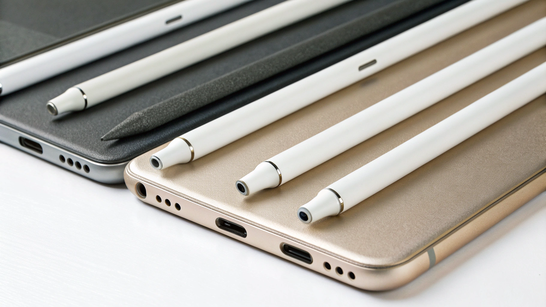 Несколько моделей Apple Pencil рядом с разными iPad с портом USB‑C
