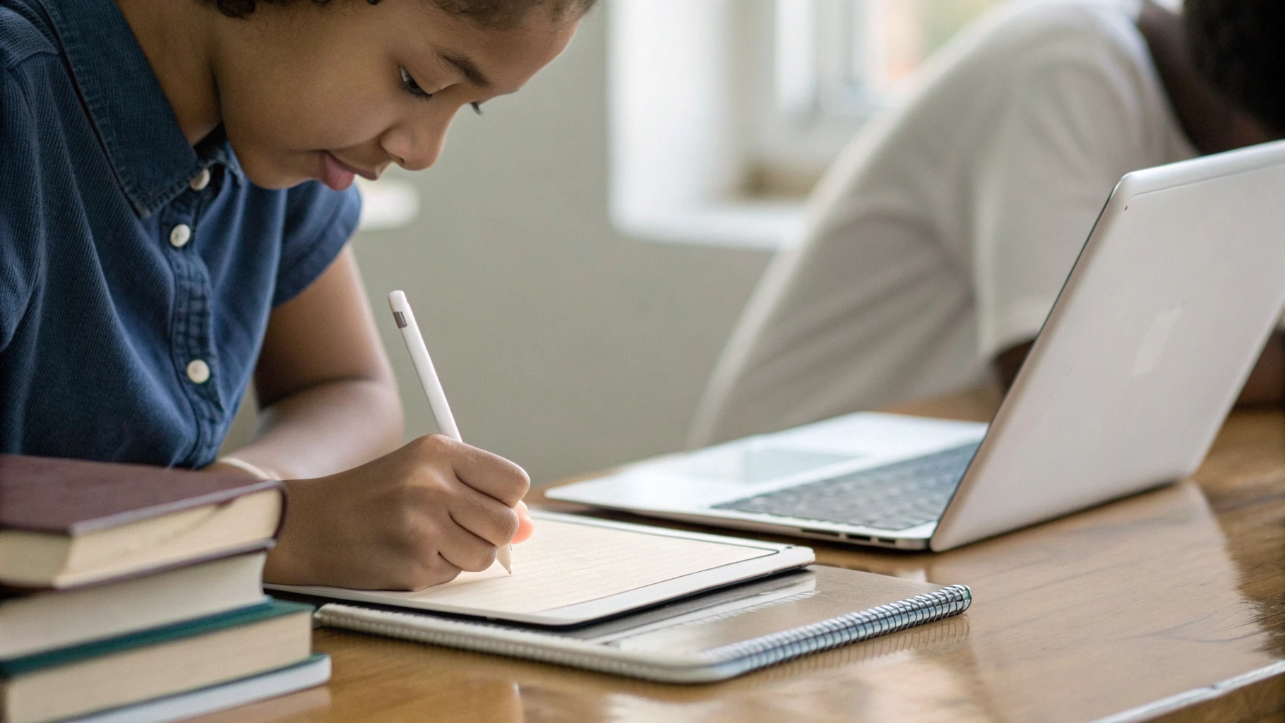 Студент пишет конспект с помощью Apple Pencil на iPad за рабочим столом