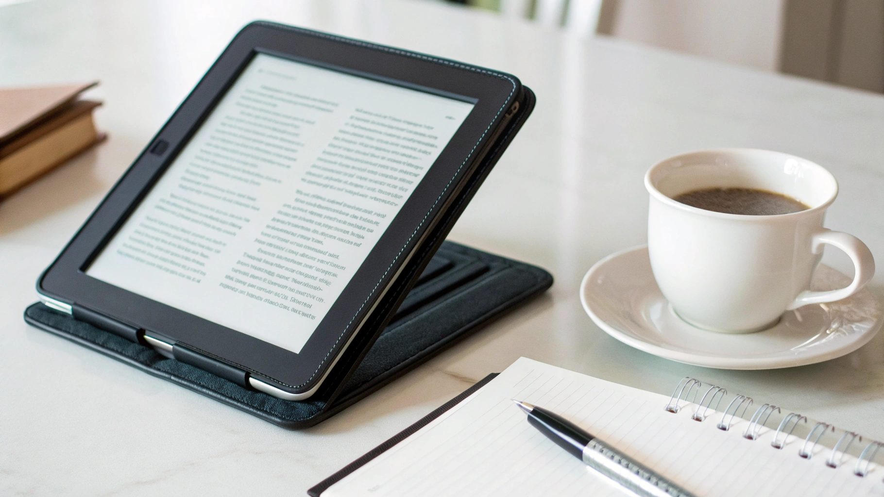 Планшет на подставке с открытой книгой рядом с чашкой и блокнотом