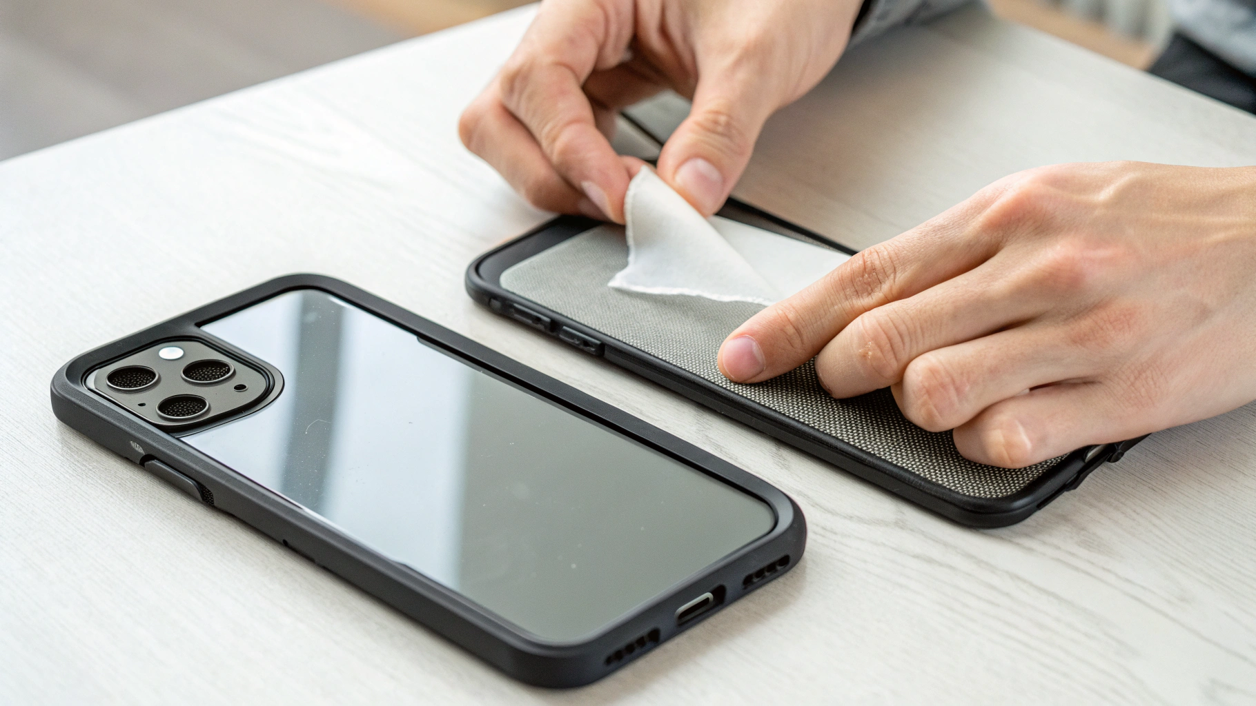 Смартфон на столе с надетым чехлом и устанавливаемым защитным стеклом