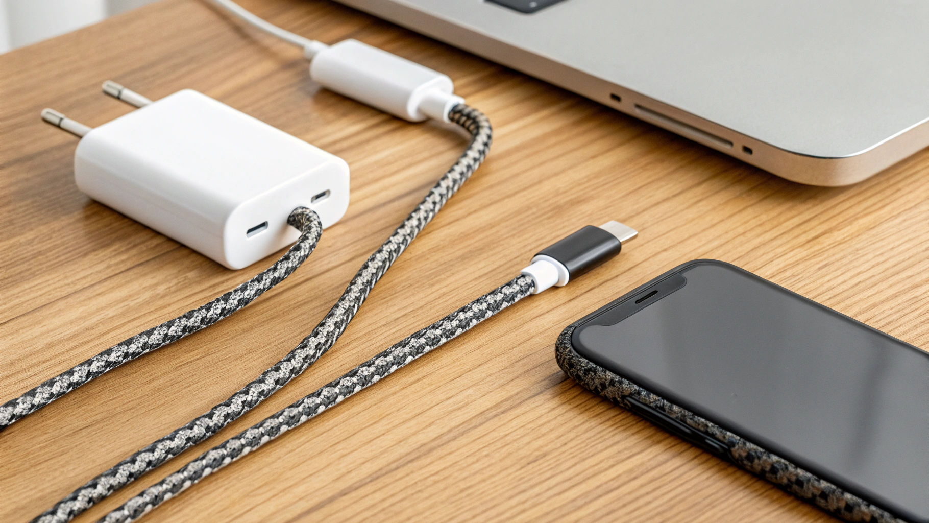 Зарядный блок и два кабеля USB‑C рядом со смартфоном на столе