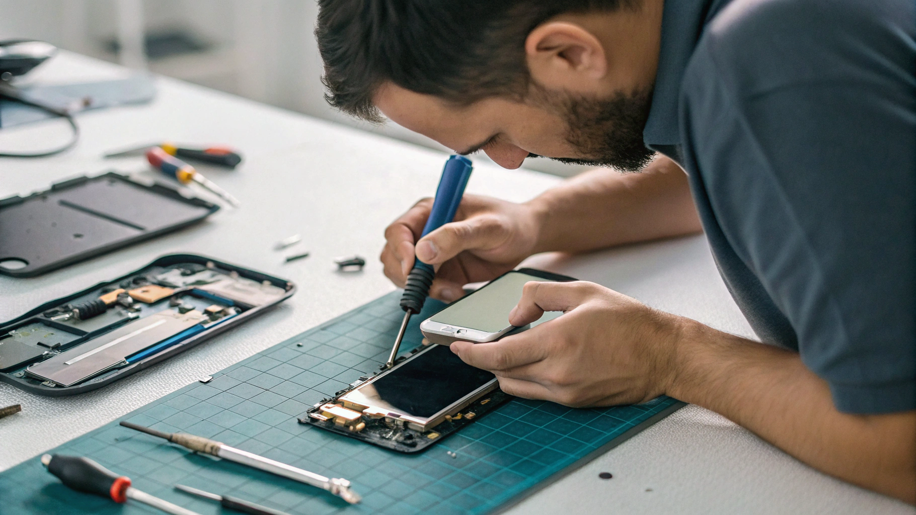 Мастер меняет аккумулятор и экран смартфона, подчёркивая ремонтопригодность устройства