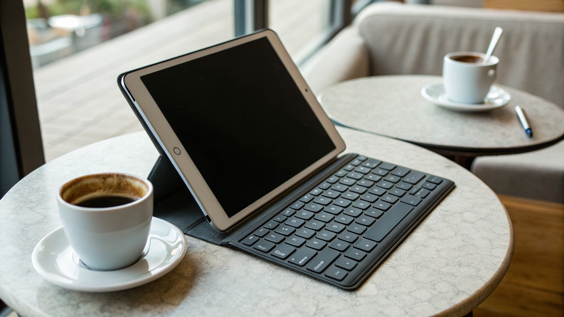 iPad Air и Galaxy Tab S11 с клавиатурами на столе в кафе рядом с чашкой кофе