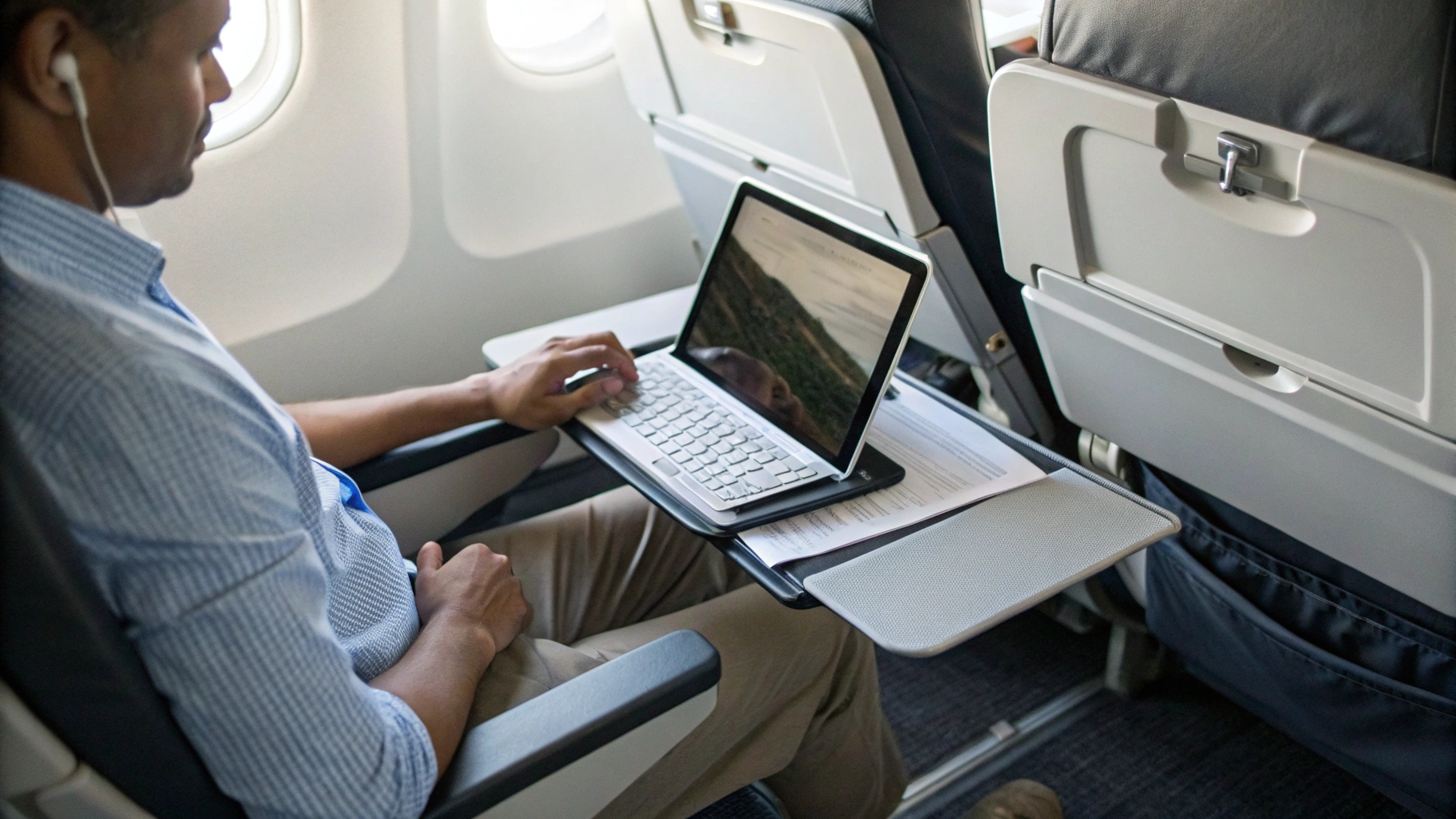 Человек работает за планшетом с клавиатурой в сиденье самолета, документы и видеозвонок на экране