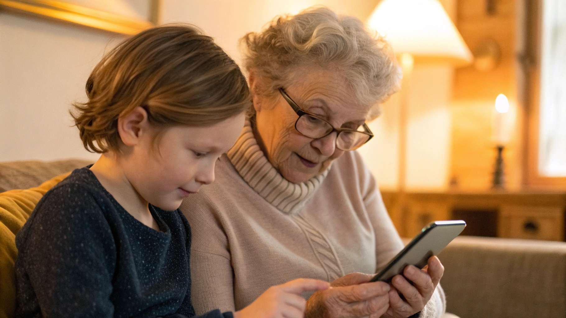 Пожилой человек с крупным шрифтом на смартфоне, рядом взрослый ребёнок помогает с настройками iPhone и Galaxy