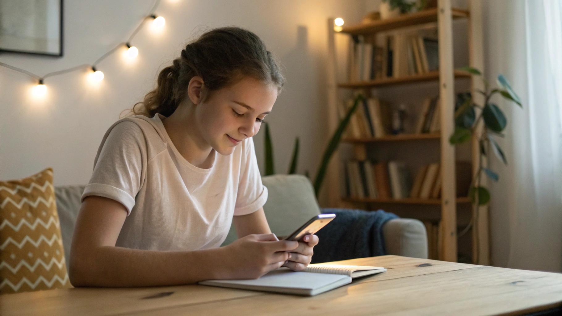 Подросток делает уроки дома, используя смартфон и тетрадь