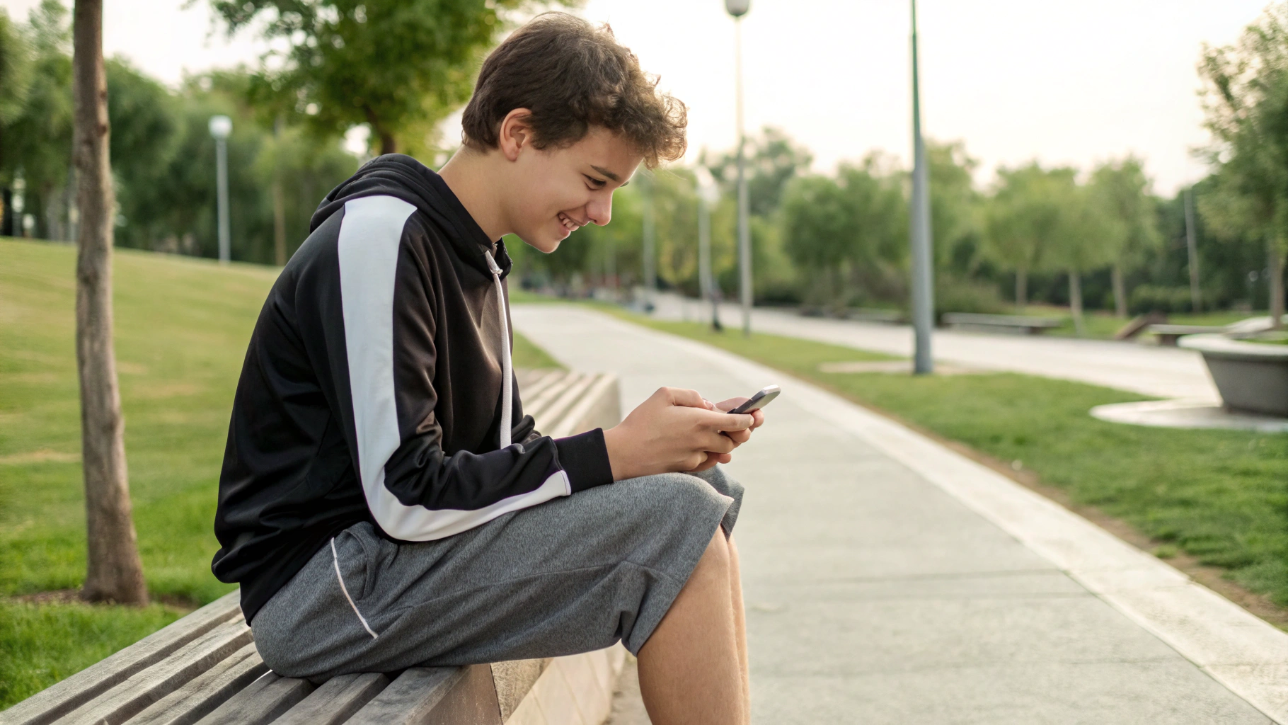 Подросток в спортивной форме смотрит в смартфон после тренировки