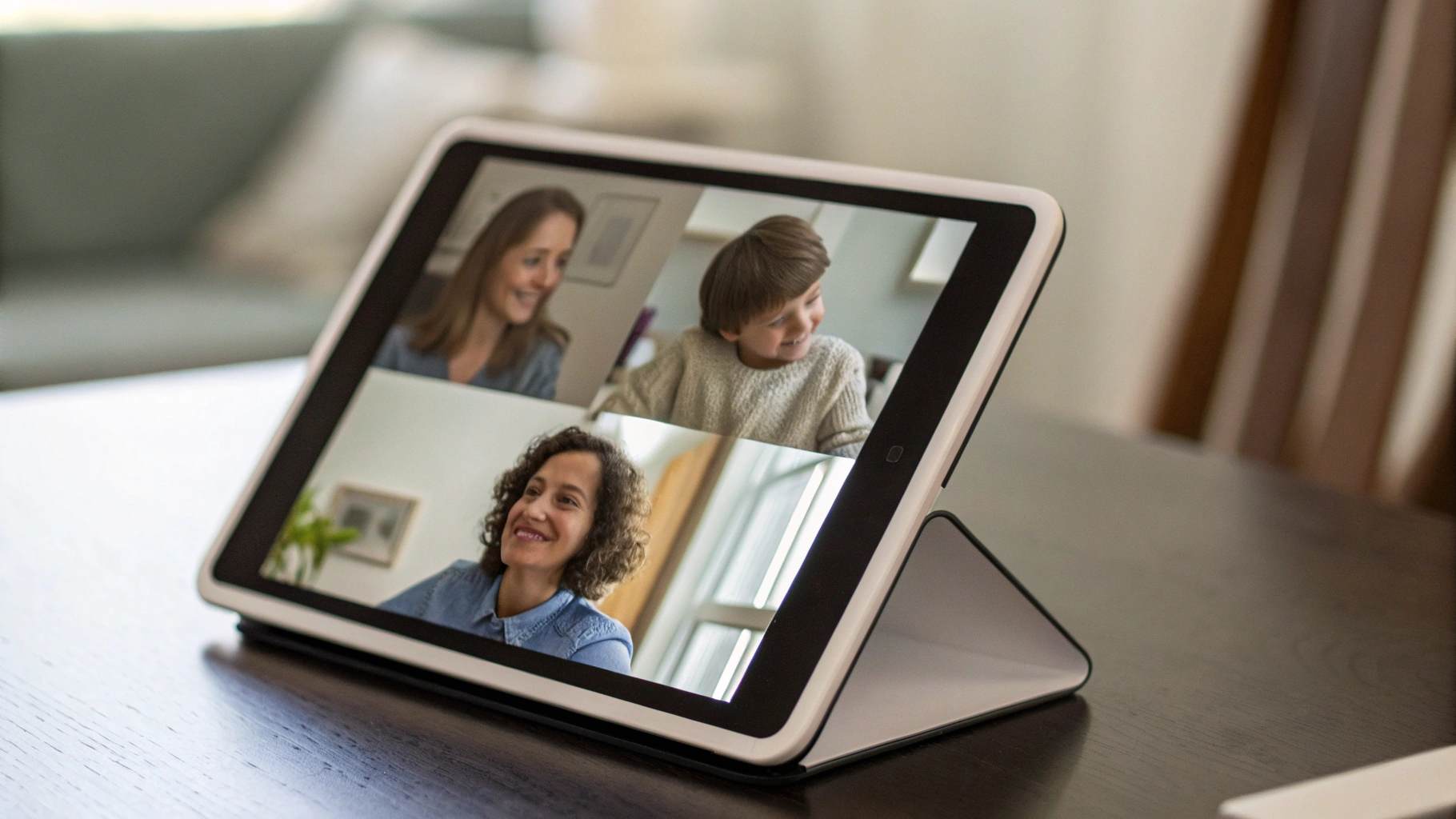 Планшет на подставке в горизонтальной ориентации с включённой видеосвязью