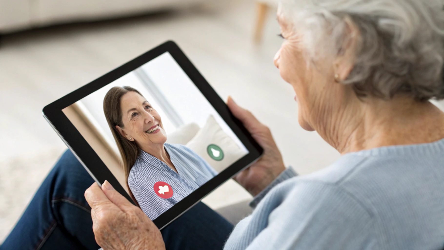 Пожилая женщина пользуется планшетом для видеозвонка с простым интерфейсом