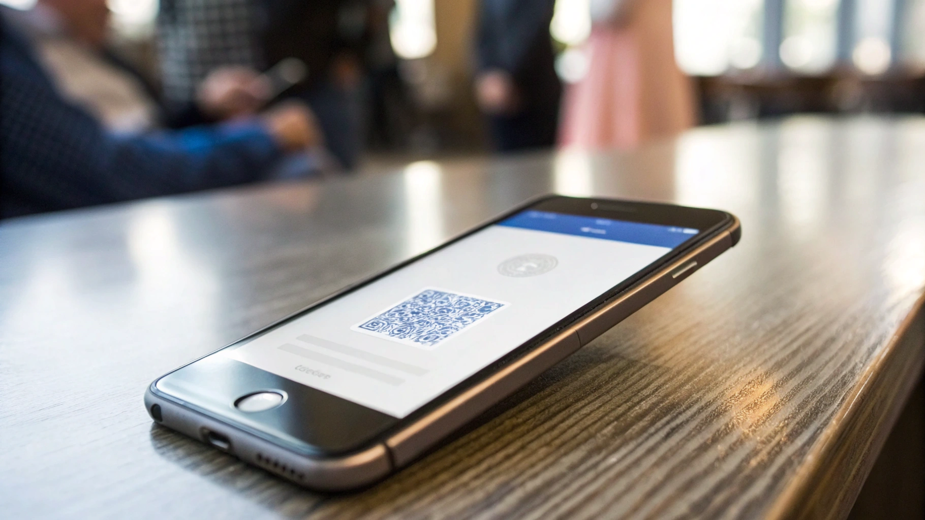 Смартфон на столе с включённой бесконтактной оплатой и приложением Госуслуг с QR-кодом